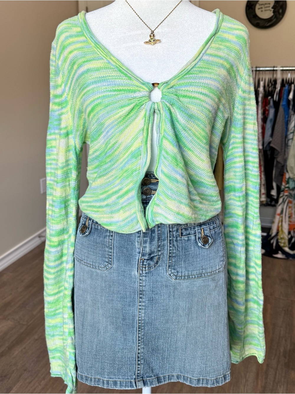 American Eagle Outfitters Light Green Multi-Stripe Ring-Front Medium Knit Top